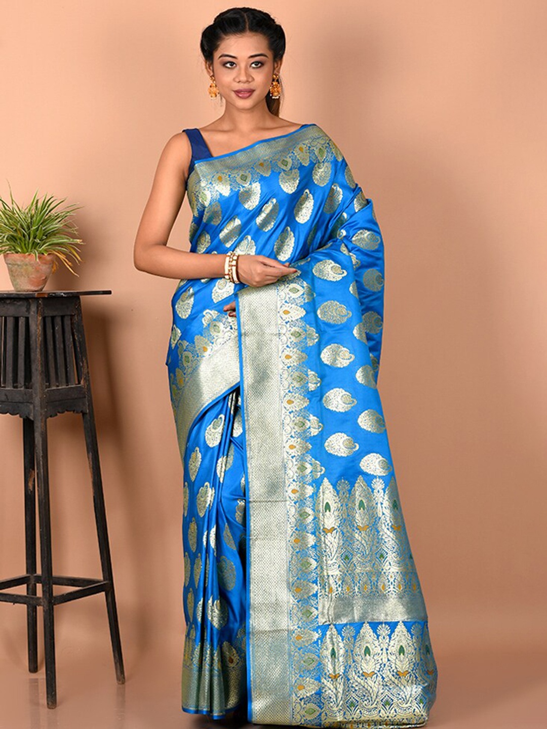 

AllSilks Ethnic Motifs Woven Design Zari Pure Silk Banarasi Saree, Blue