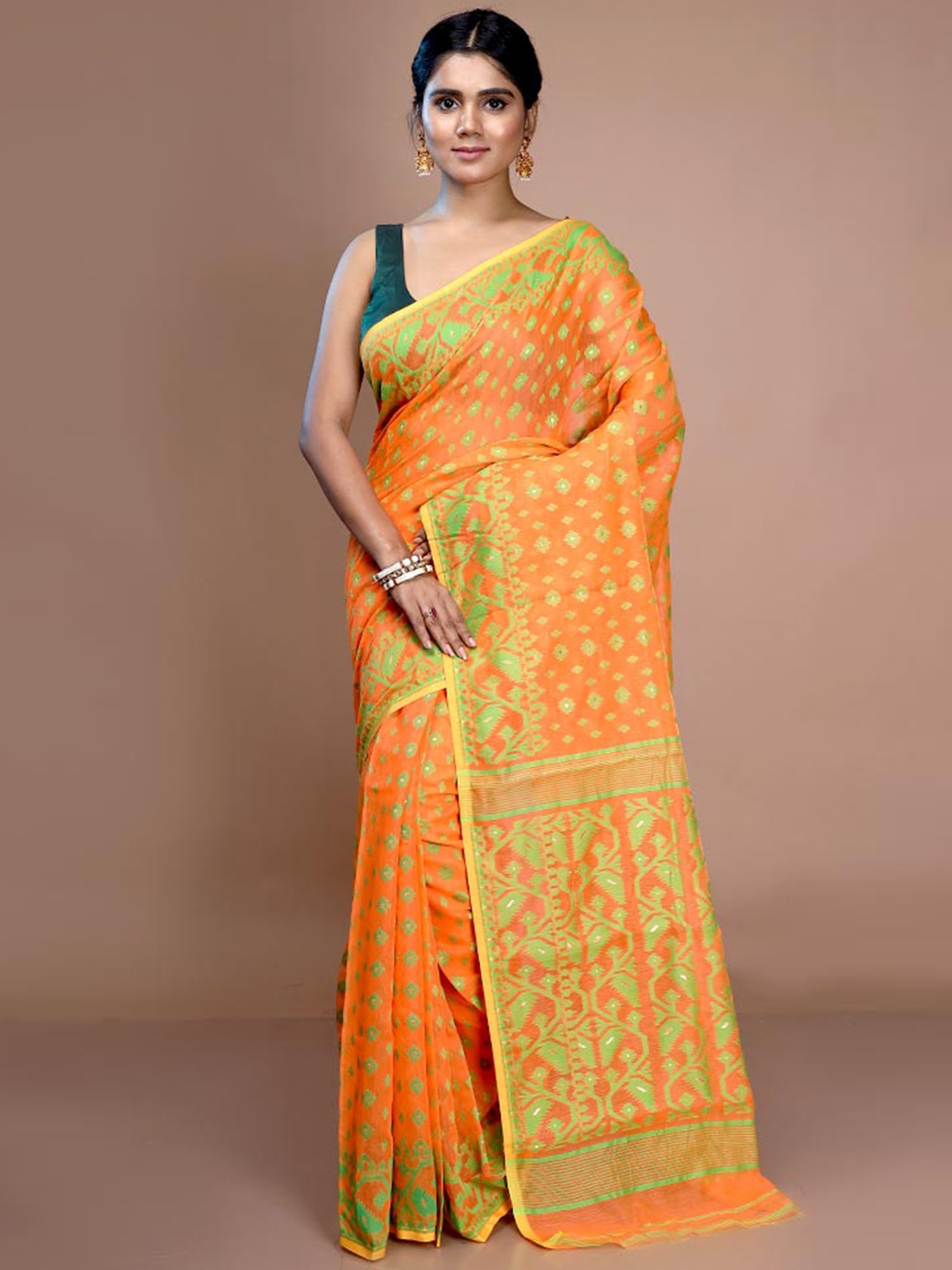 

AllSilks Woven Design Pure Cotton Taant Jamdani Saree, Orange