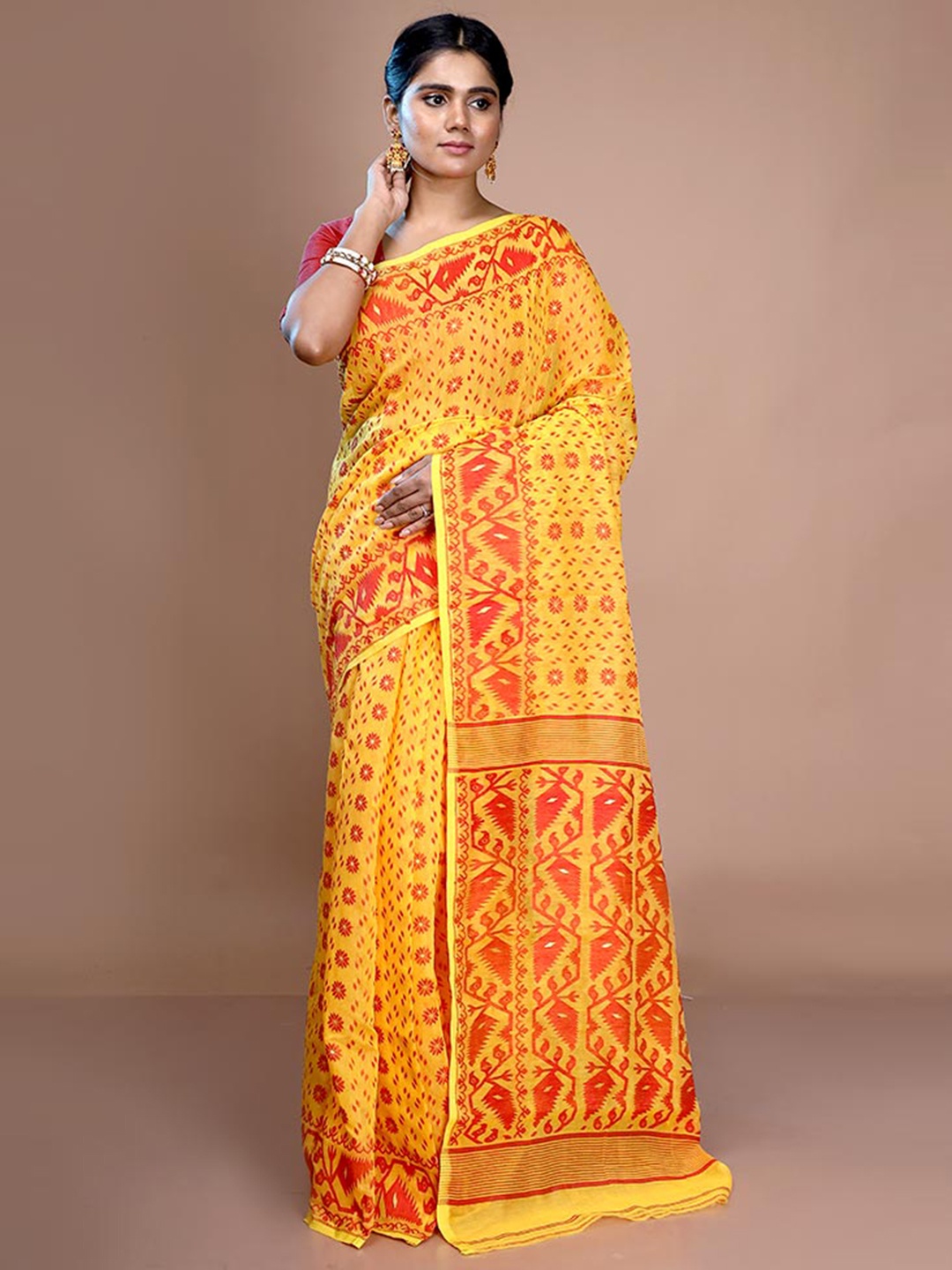 

AllSilks Ethnic Motif Woven Design Pure Cotton Taant Saree, Yellow
