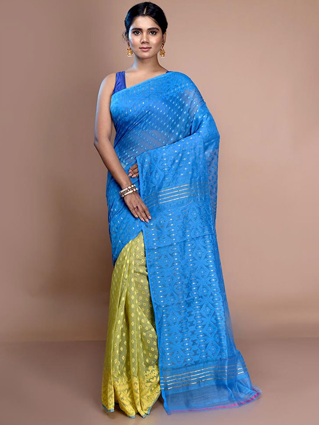 

AllSilks Ethnic Motif Woven Design Pure Cotton Half and Half Taant Saree, Blue