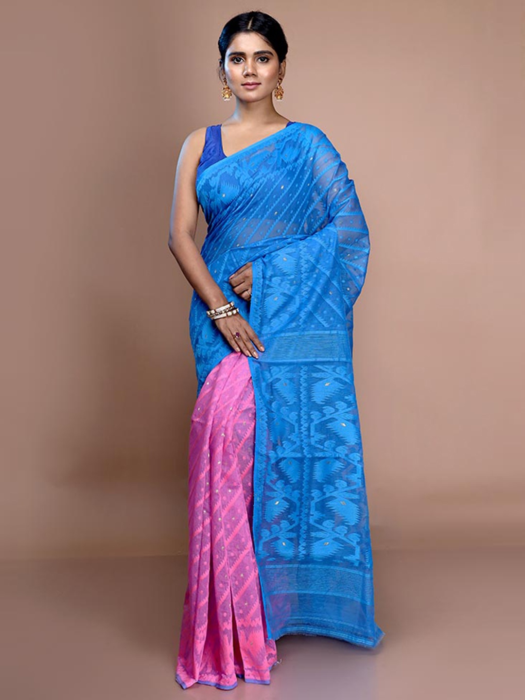 

AllSilks Woven Design Pure Cotton Taant Jamdani Saree, Blue