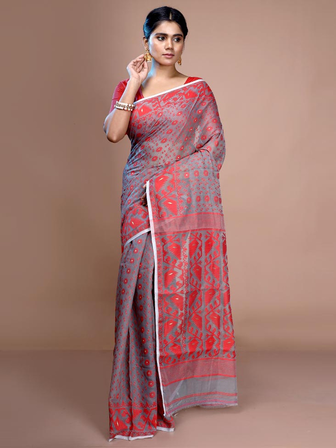 

AllSilks Ethnic Motif Woven Design Pure Cotton Taant Saree, Grey