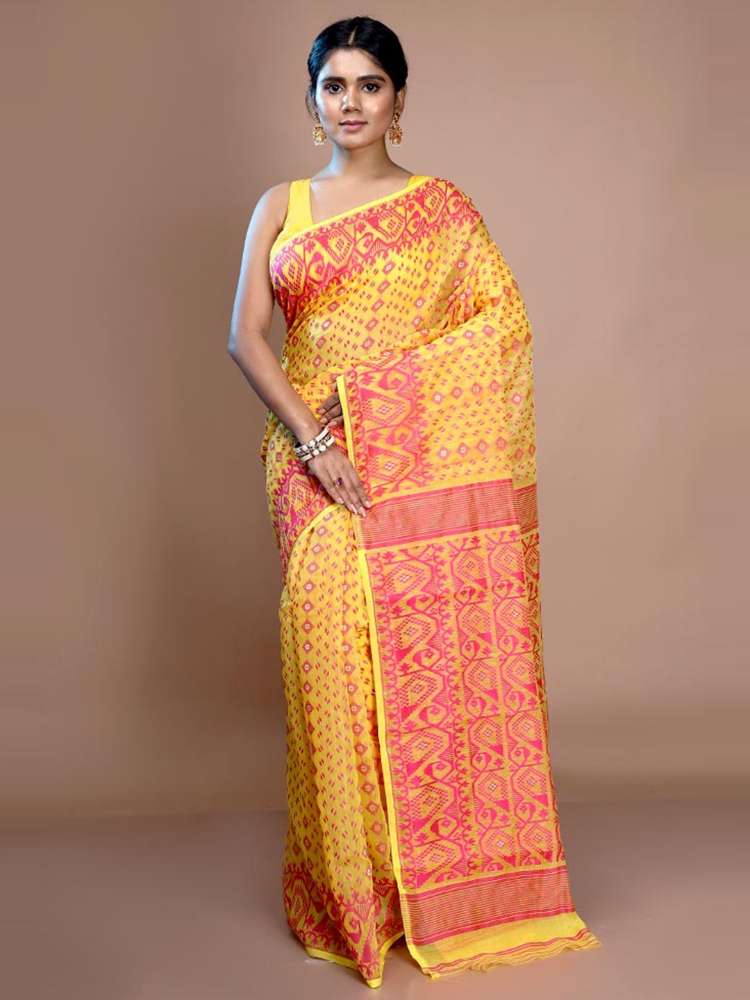 

AllSilks Ethnic Motif Woven Design Pure Cotton Taant Saree, Yellow