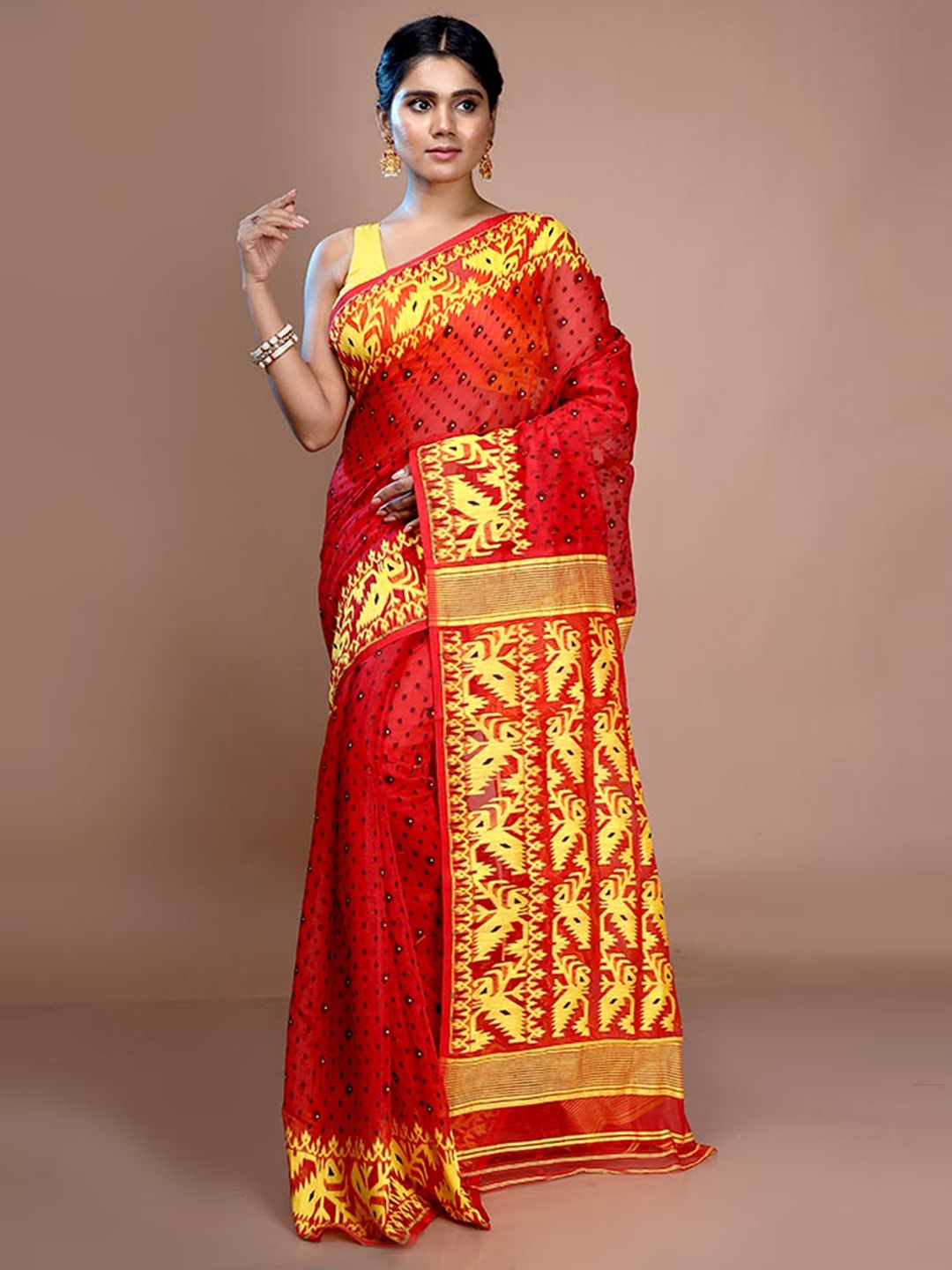 

AllSilks Ethnic Motif Woven Design Pure Cotton Taant Saree, Red
