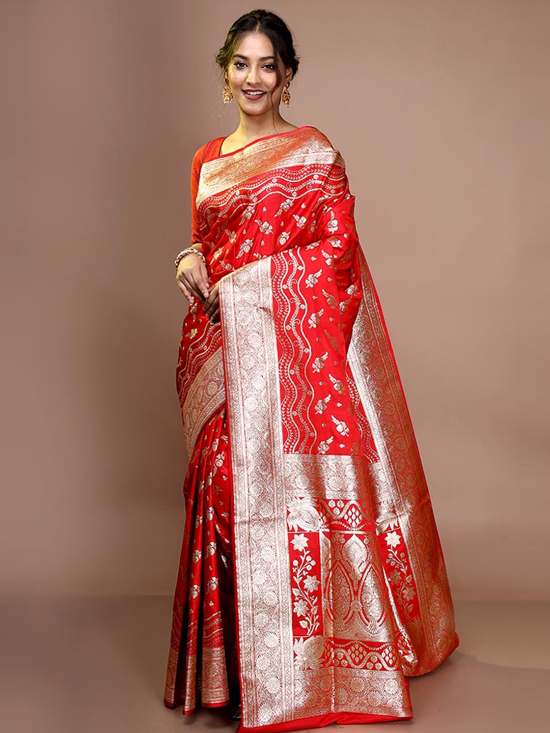 

AllSilks Woven Design Zari Pure Silk Banarasi Saree, Red
