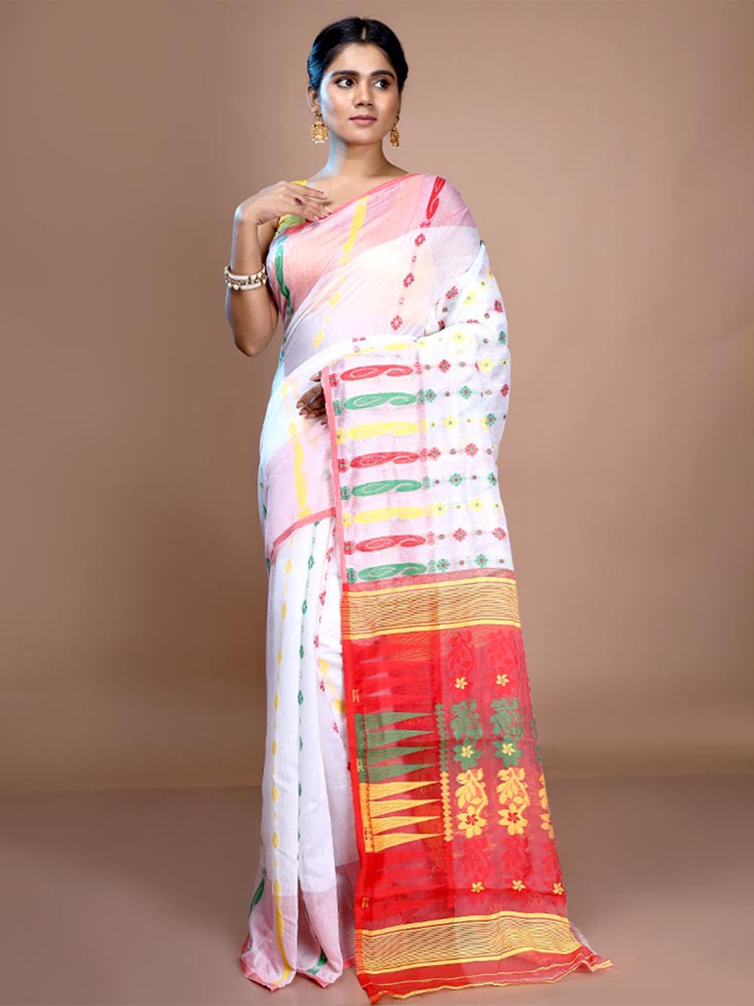 

AllSilks Woven Design Pure Cotton Taant Jamdani Saree, White