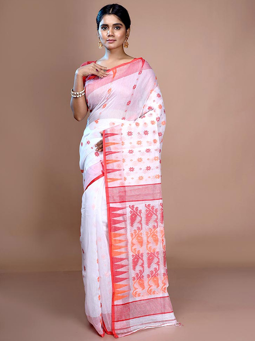 

AllSilks Ethnic Motif Woven Design Pure Cotton Taant Saree, White