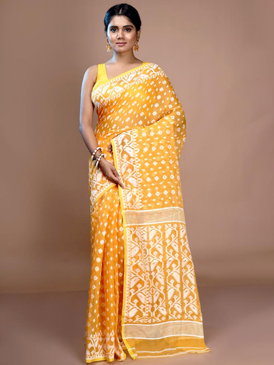 

AllSilks Floral Woven Design Pure Cotton Taant Saree, Yellow