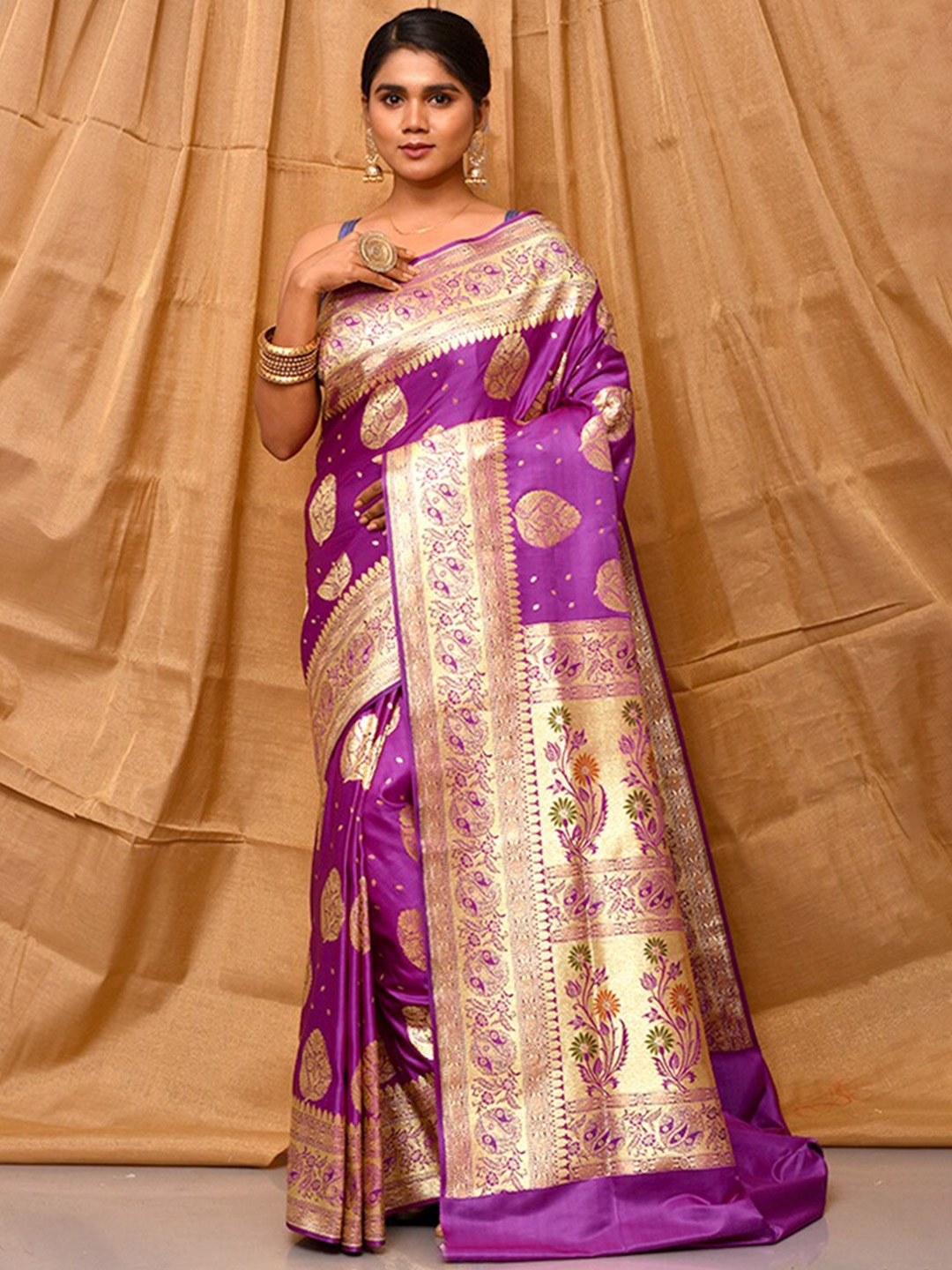 

AllSilks Ethnic Motifs Woven Design Zari Pure Silk Banarasi Saree, Purple