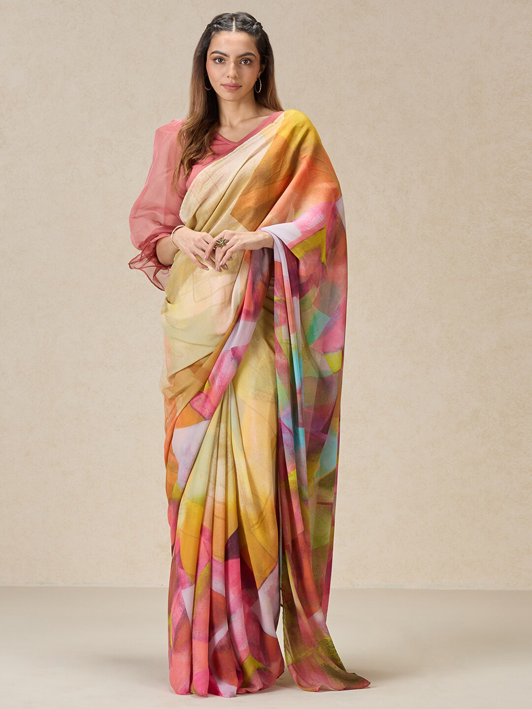 

navyasa by liva Abstract Printed Liva Saree, Yellow