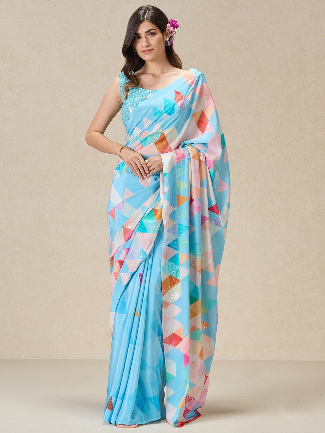 

navyasa by liva Geometric Printed Liva Saree, Blue