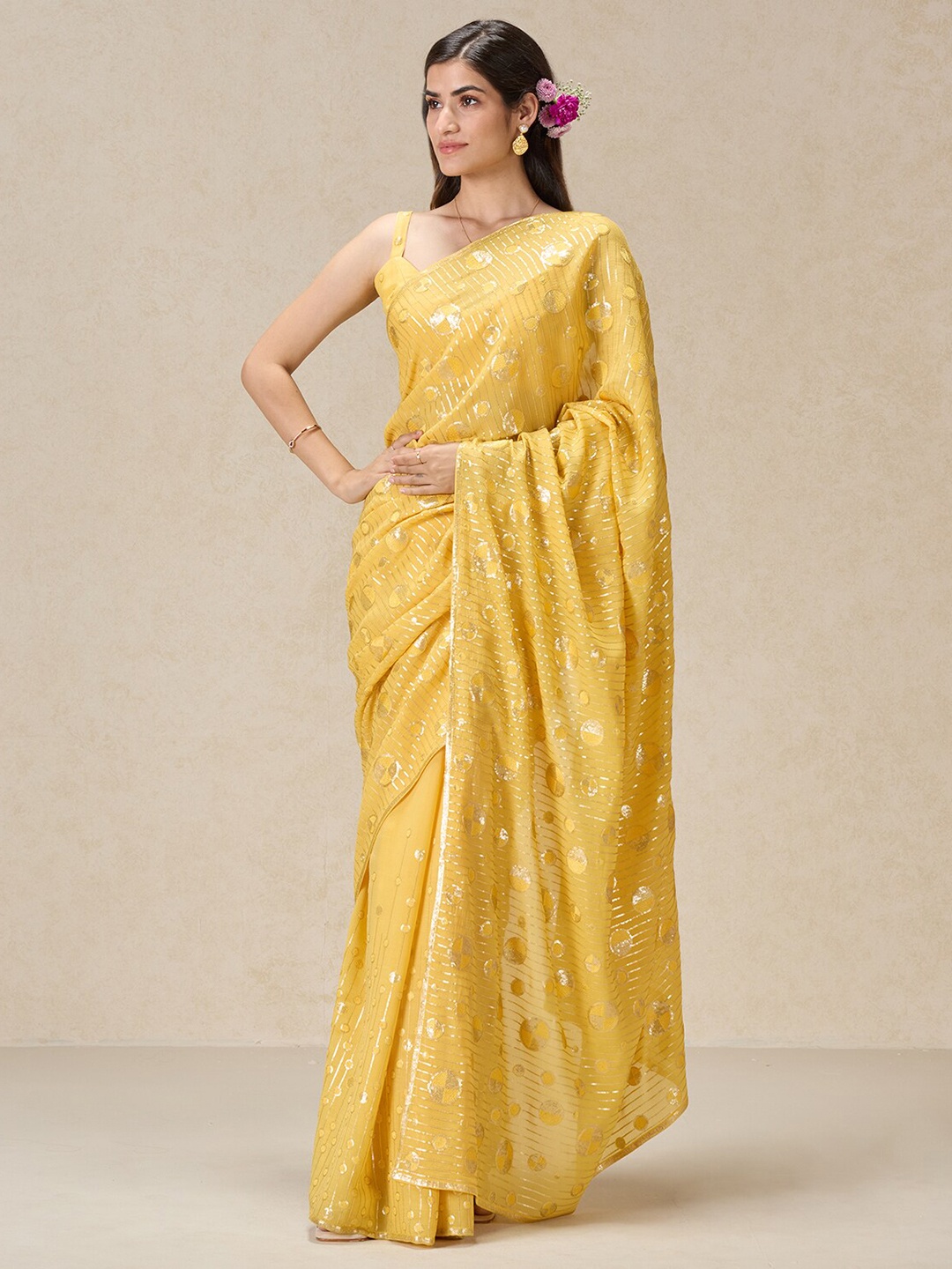

navyasa by liva Embellished Sequinned Liva Saree, Yellow