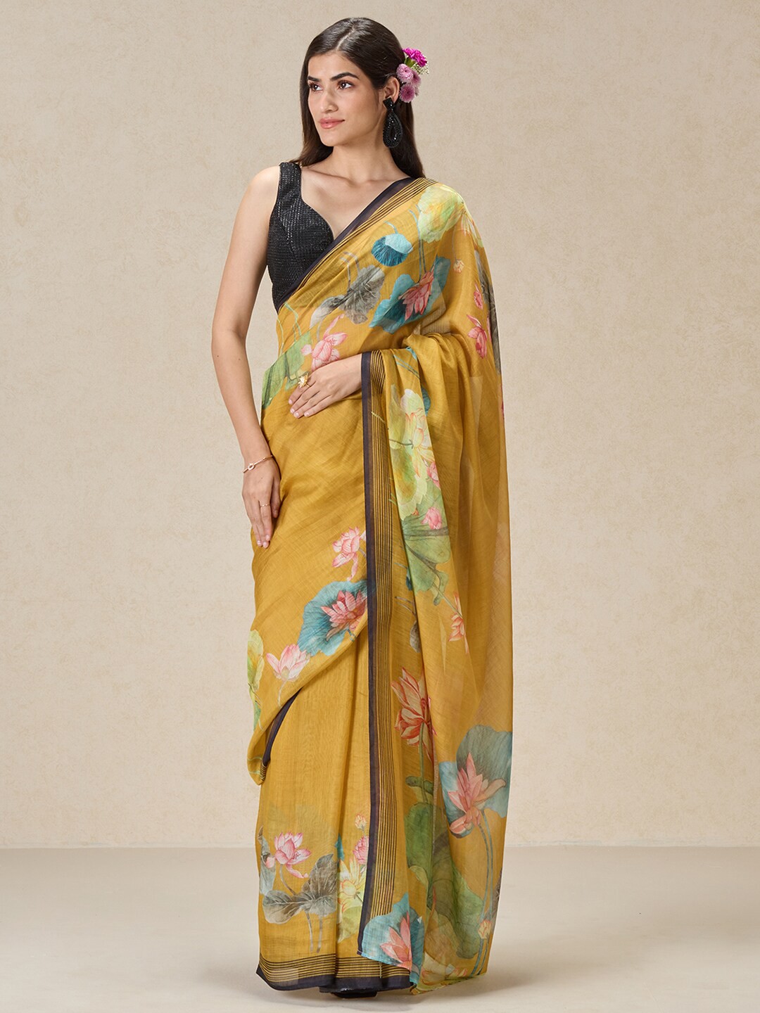 

navyasa by liva Floral Printed Liva Saree, Mustard