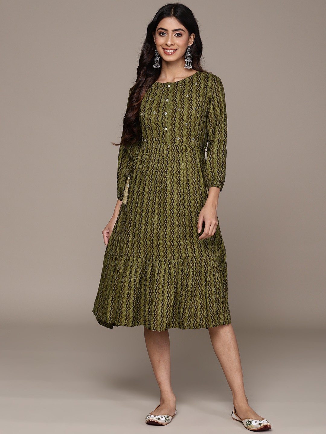 

Anubhutee Women's Ethnic Motifs Printed Rayon Flared Dress, Green