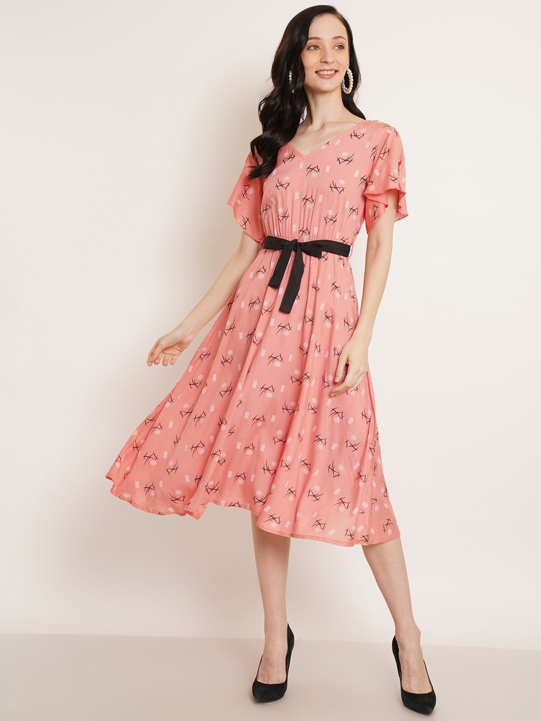 

U&F Pink Conversational Printed Flutter Sleeve Fit & Flare Midi Dress With Belt