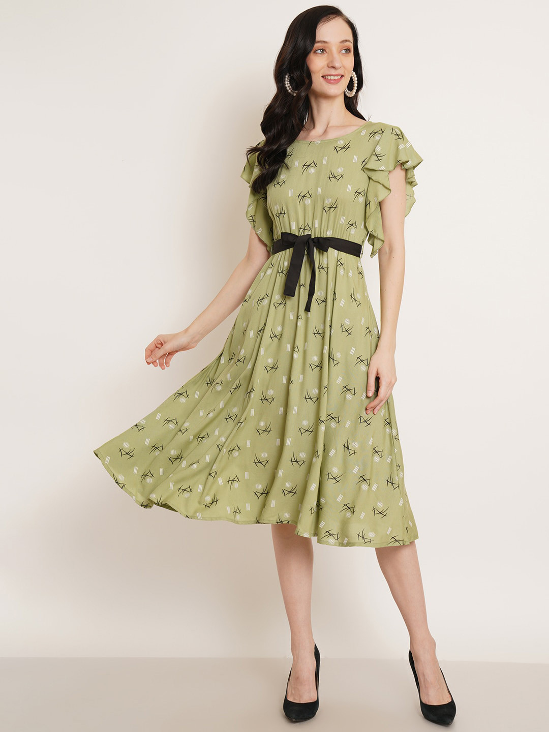 

U&F Conversational Printed Flutter Sleeve Fit & Flare Midi Dress With Belt, Green
