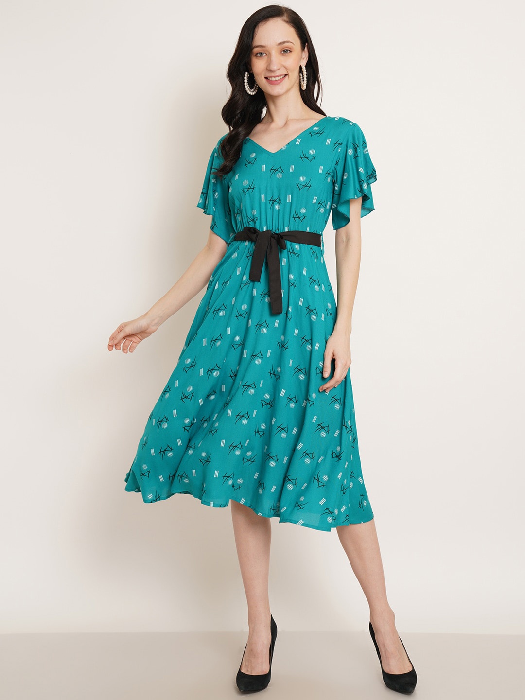 

U&F Conversational Printed Flutter Sleeve Fit & Flare Midi Dress With Belt, Blue