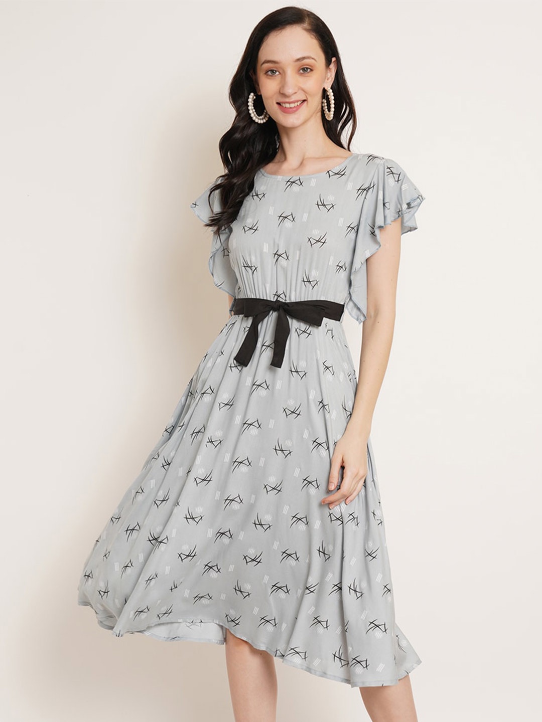 

U&F Geometric Printed Flutter Sleeves Fit & Flare Midi Dress With Belt, Grey