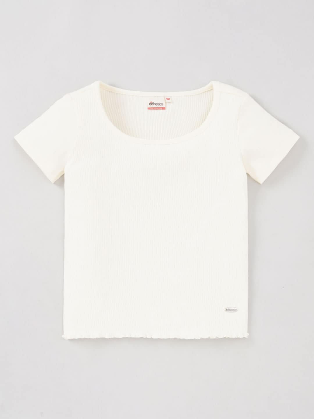 

edheads Girls Scoop Neck Ribbed Cotton T-shirt, Off white