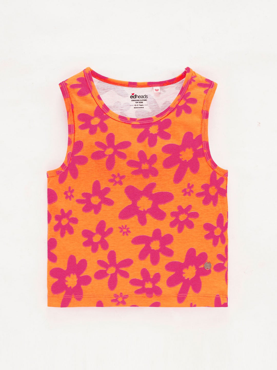 

edheads Girls Floral Printed Sleeveless Cotton T-shirt, Orange