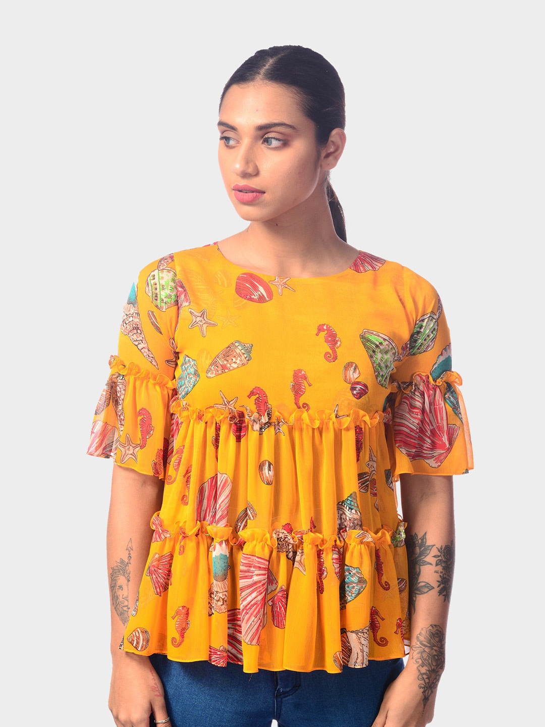 

MODWEE Floral Printed Short Bell Sleeve Chiffon Empire Top, Yellow