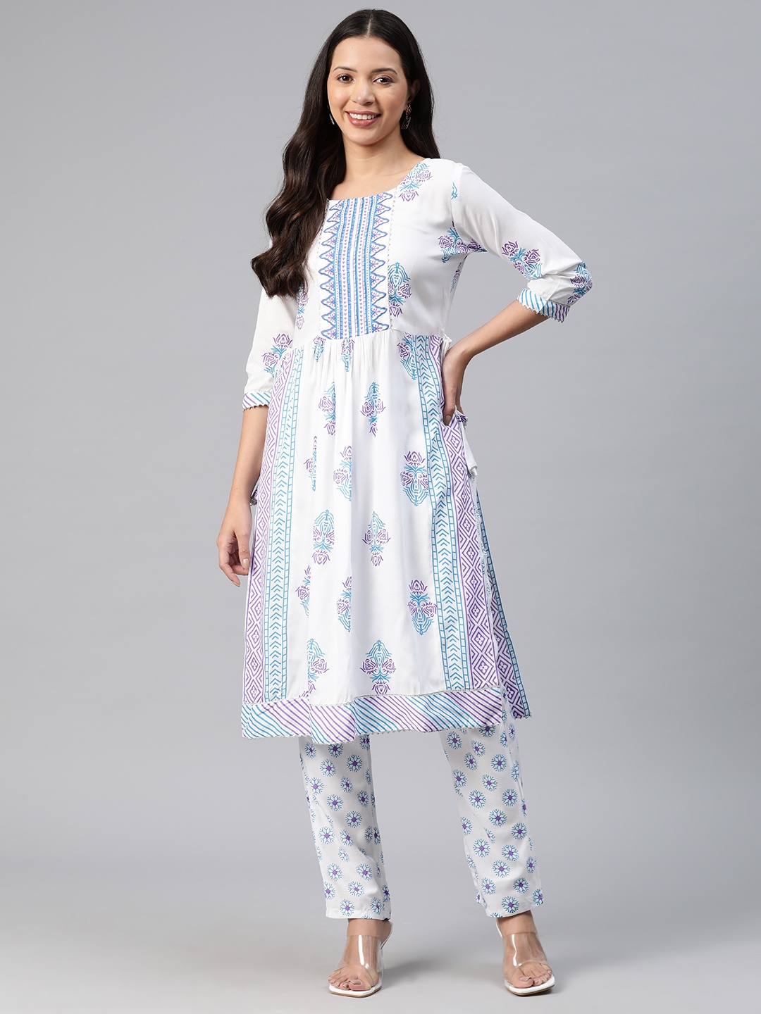 

KALINI Women Floral Printed Regular Kurta with Trousers, White