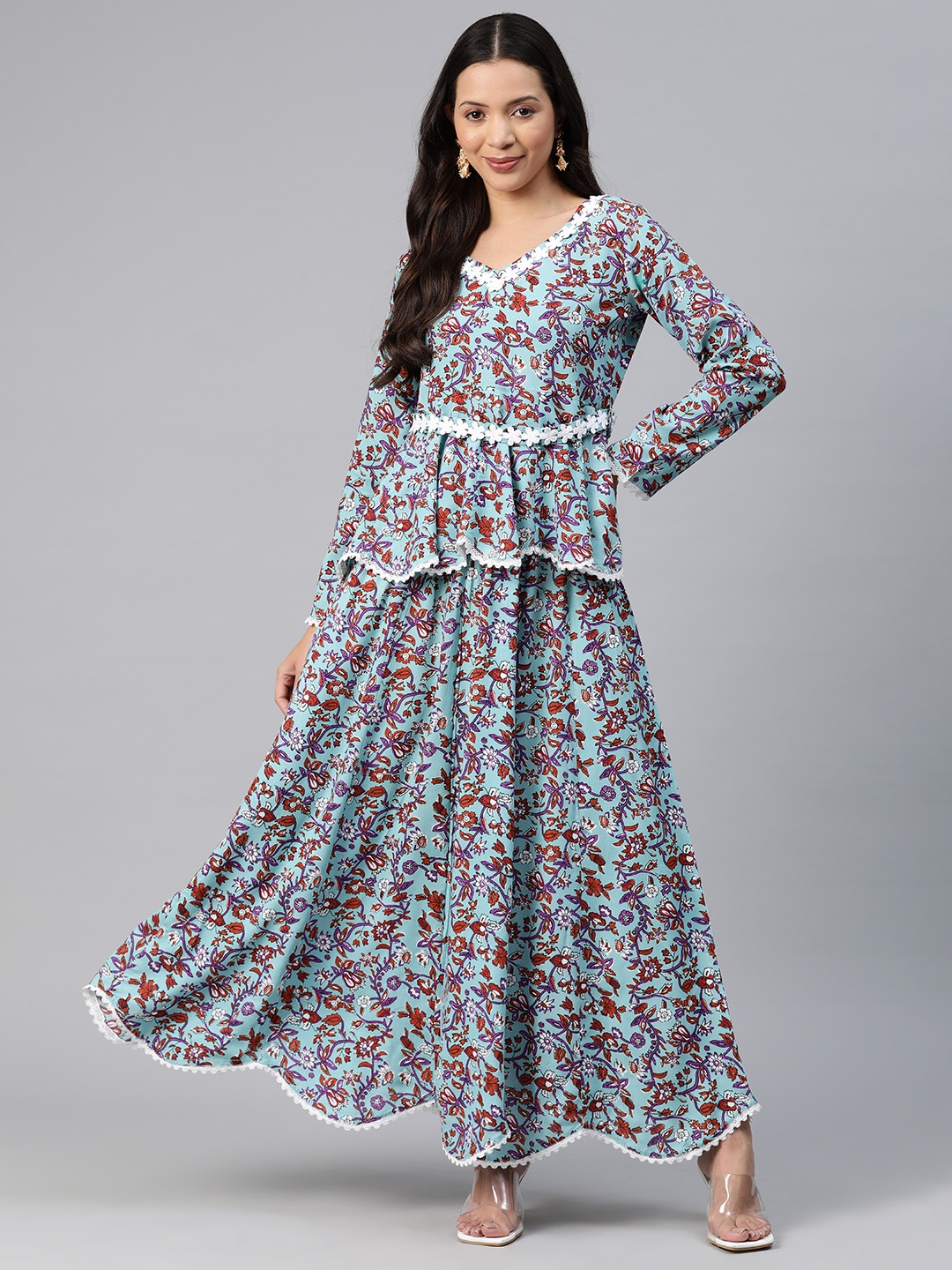 

KALINI Women Ethnic Motifs Printed Empire Kurti with Skirt, Blue
