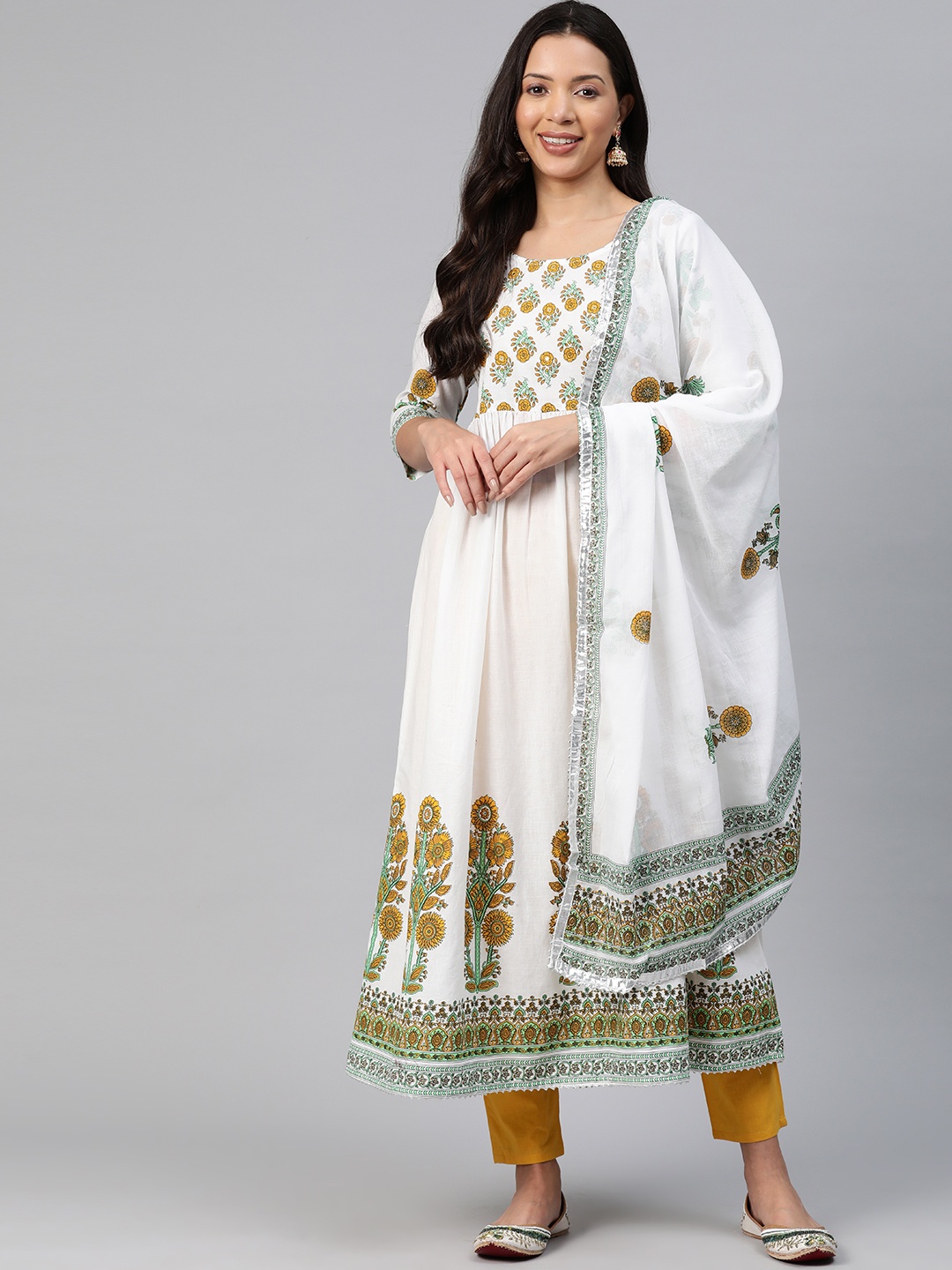 

KALINI Floral Printed Regular Mirror Work Kurta with Trousers & Dupatta, White