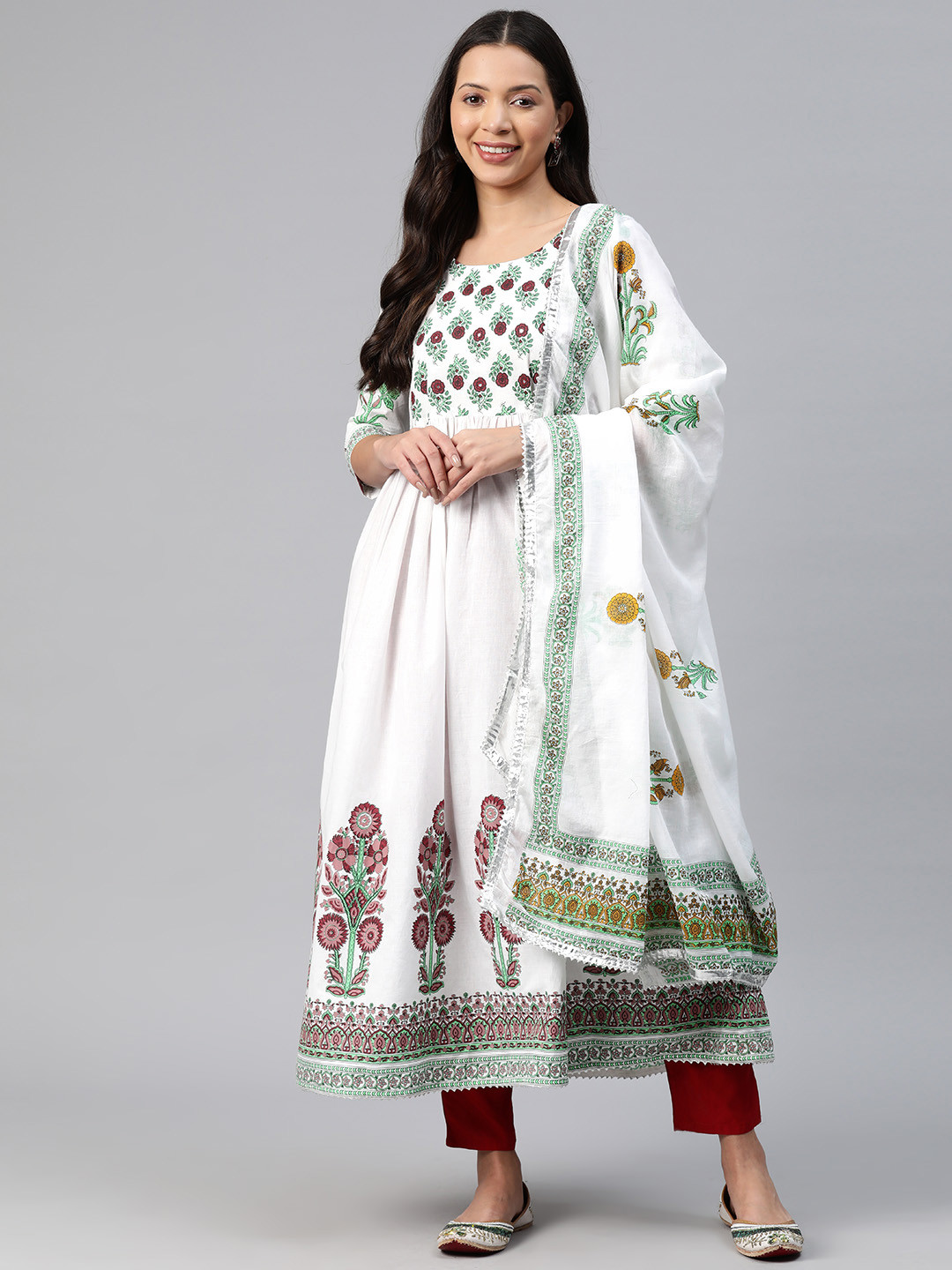 

KALINI Floral Printed Regular Mirror Work Kurta with Trousers & Dupatta, White