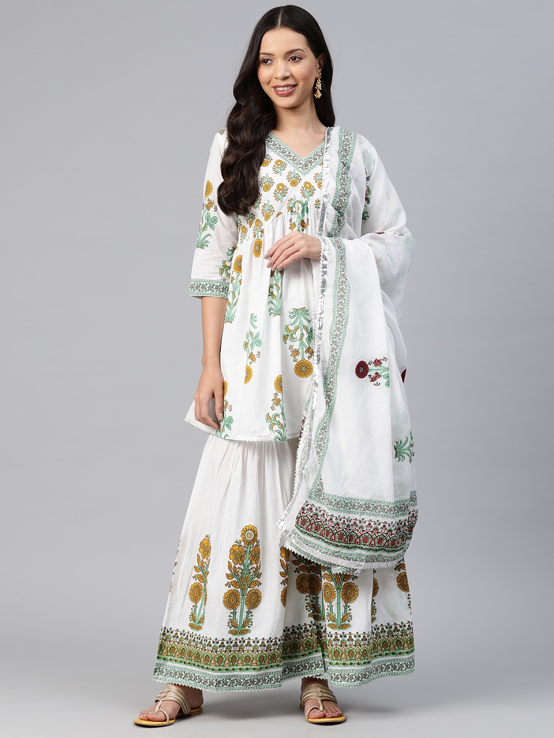 

KALINI Women Floral Printed Regular Kurta with Sharara & With Dupatta, White