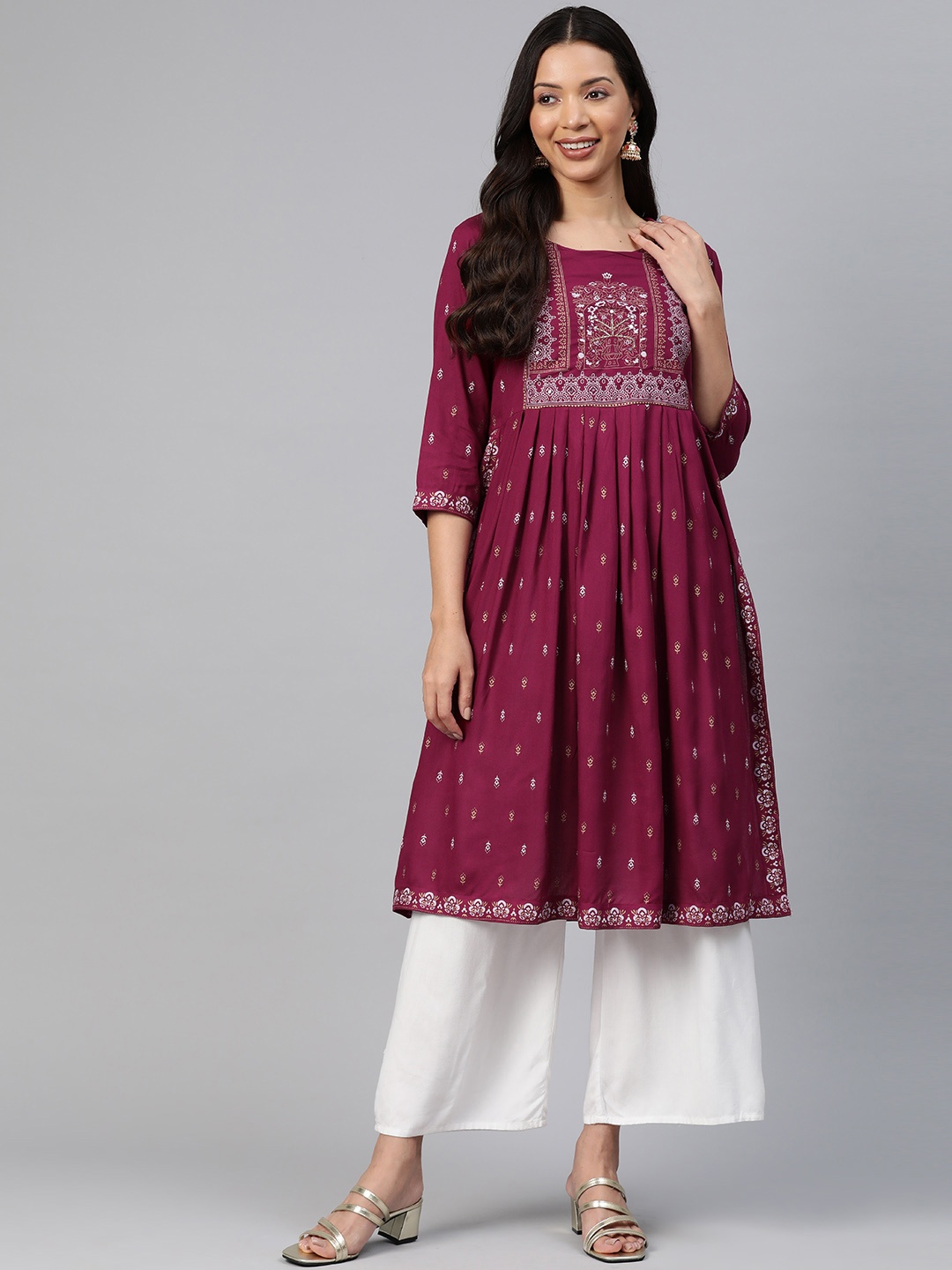 

KALINI Ethnic Motifs Printed High Slit Mirror Work Kurta, Maroon