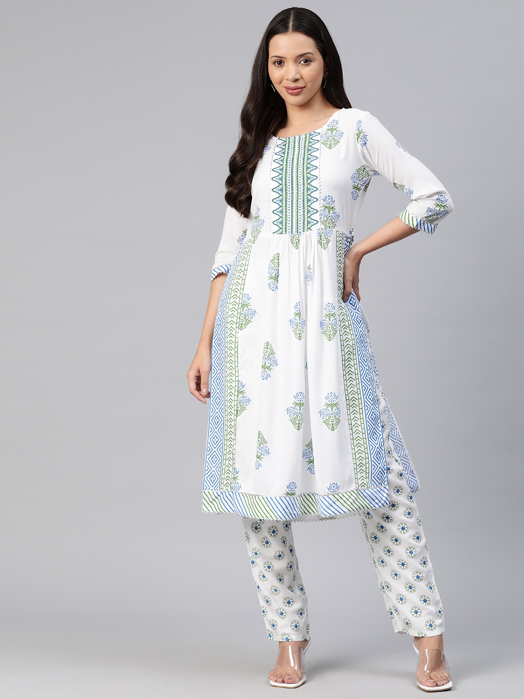 

KALINI Women Floral Printed Regular Kurta with Trousers, White