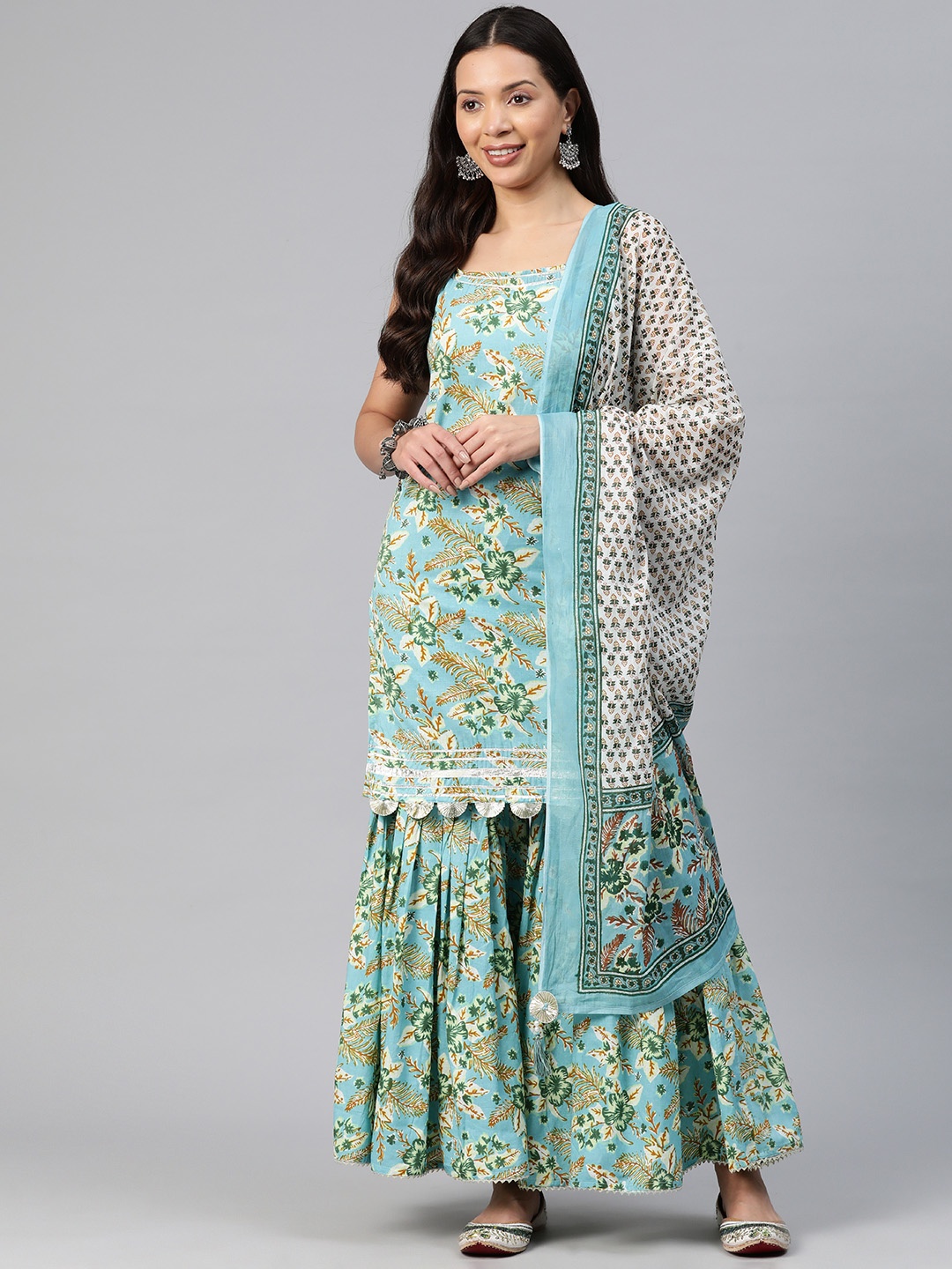 

KALINI Floral Printed Regular Kurti with Sharara & Dupatta, Green
