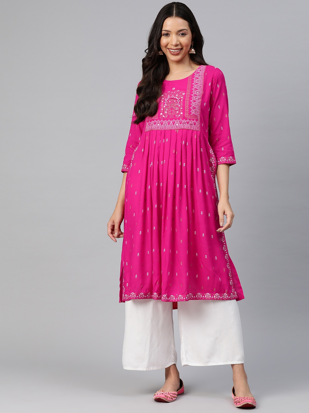 

KALINI Ethnic Motifs Printed High Slit Mirror Work Kurta, Pink