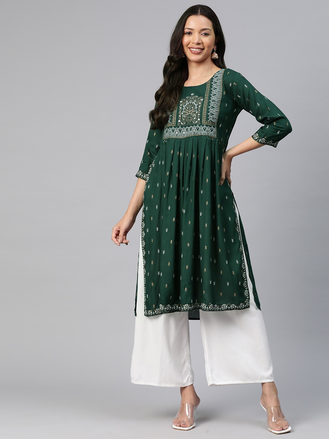 

KALINI Ethnic Motifs Printed High Slit Mirror Work Kurta, Green