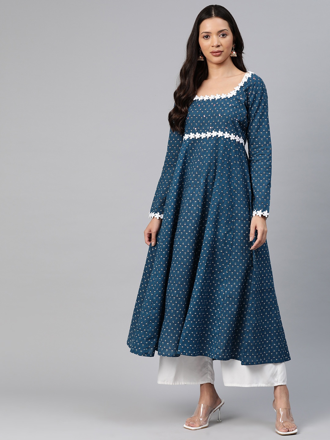 

KALINI Floral Printed Square Neck Mirror Work Pure Cotton Anarkali Kurta, Blue