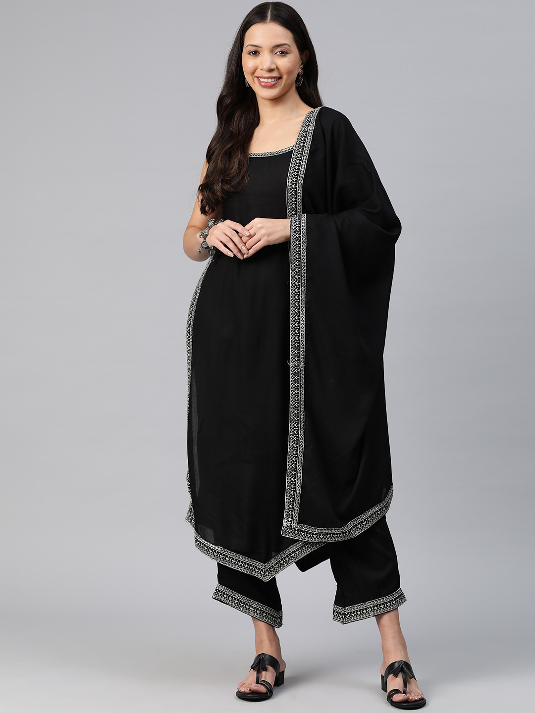 

KALINI Women Ethnic Motifs Embroidered Thread Work Kurta with Trousers & With Dupatta, Black