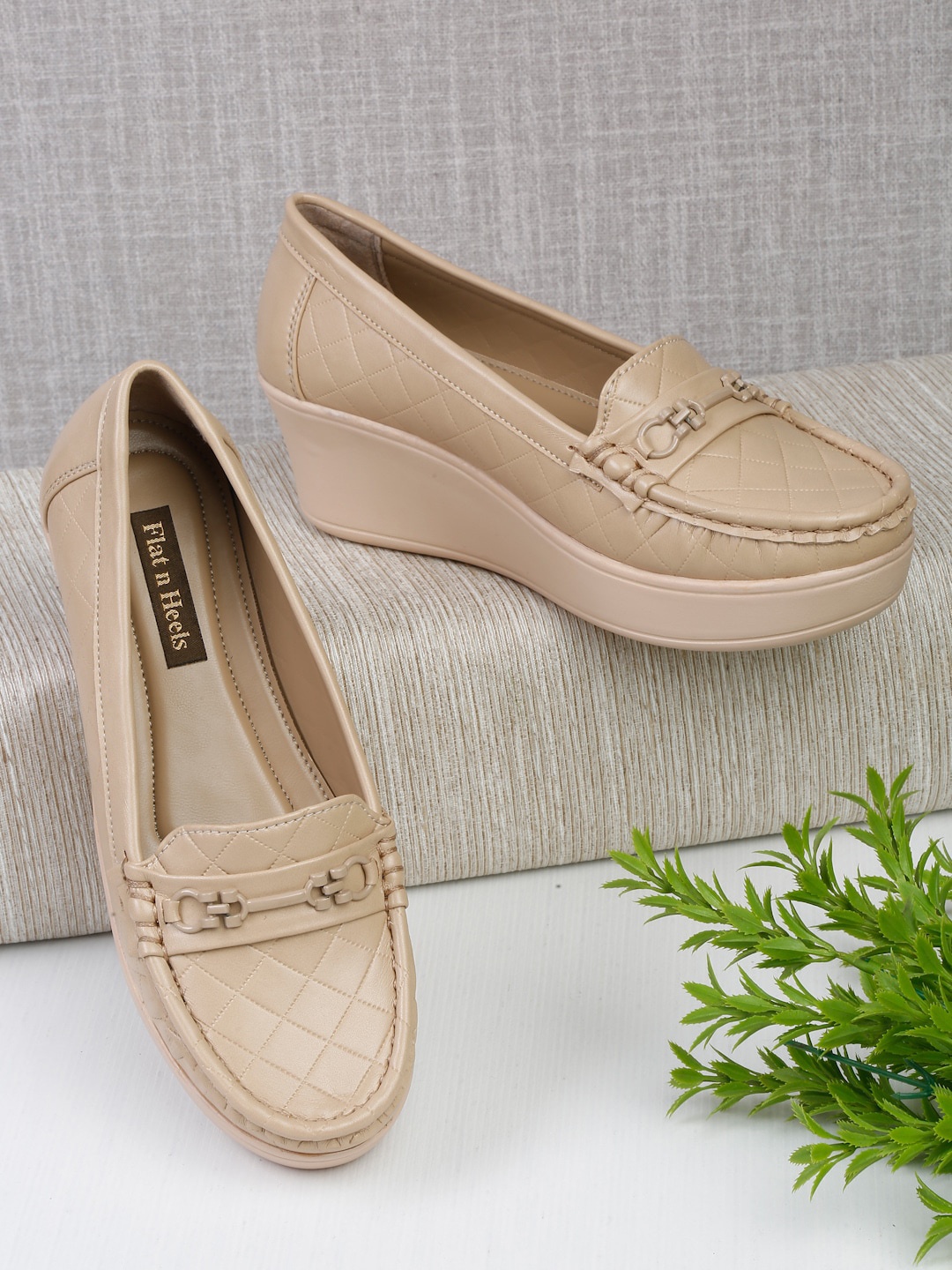 

Flat n Heels Women Textured Heeled Loafers, Beige