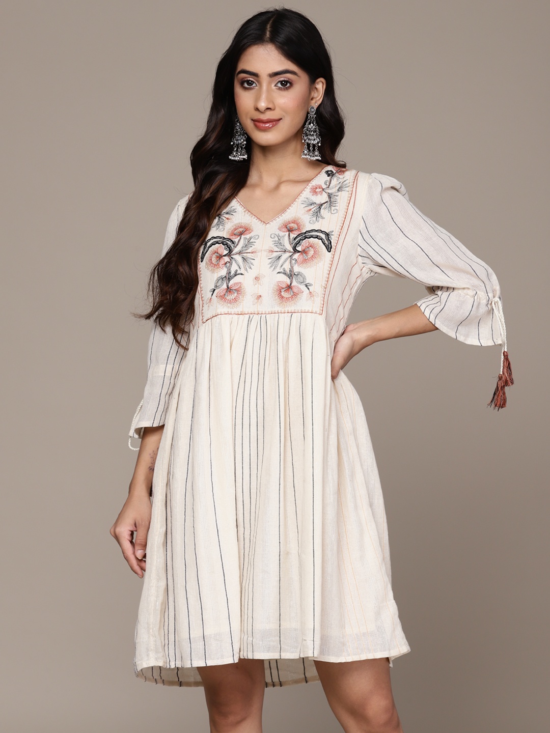

Ishin Ethnic Motifs Embroidered Flared Sleeve A-Line Dress, Cream
