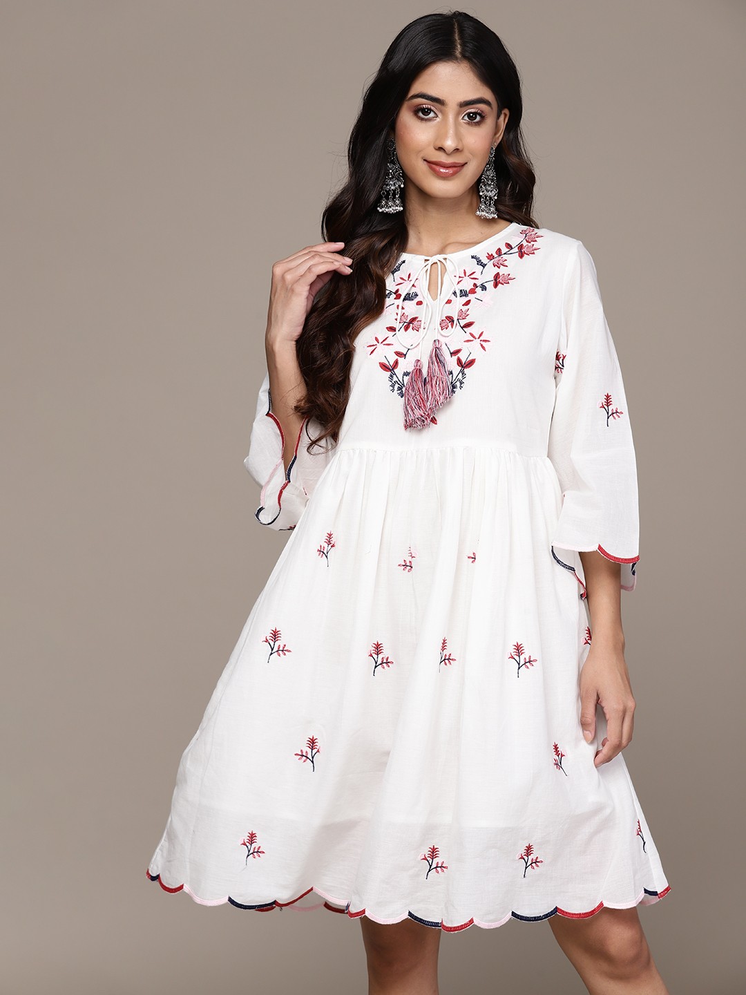 

Ishin Ethnic Motifs Embroidered Tie-Up Neck Flared Sleeve A-Line Dress, White