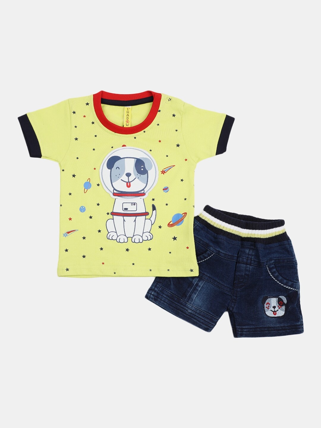 

V-Mart Infants Printed Pure Cotton T-shirt with Denim Shorts, Yellow
