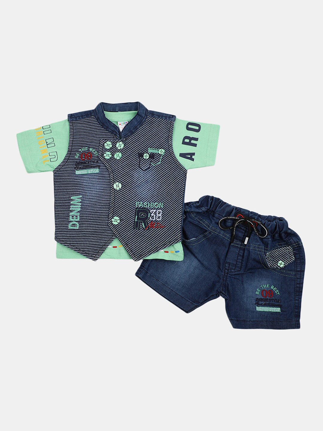 

V-Mart Infants Printed Pure Cotton T-shirt & Shorts With Waist Coat, Sea green