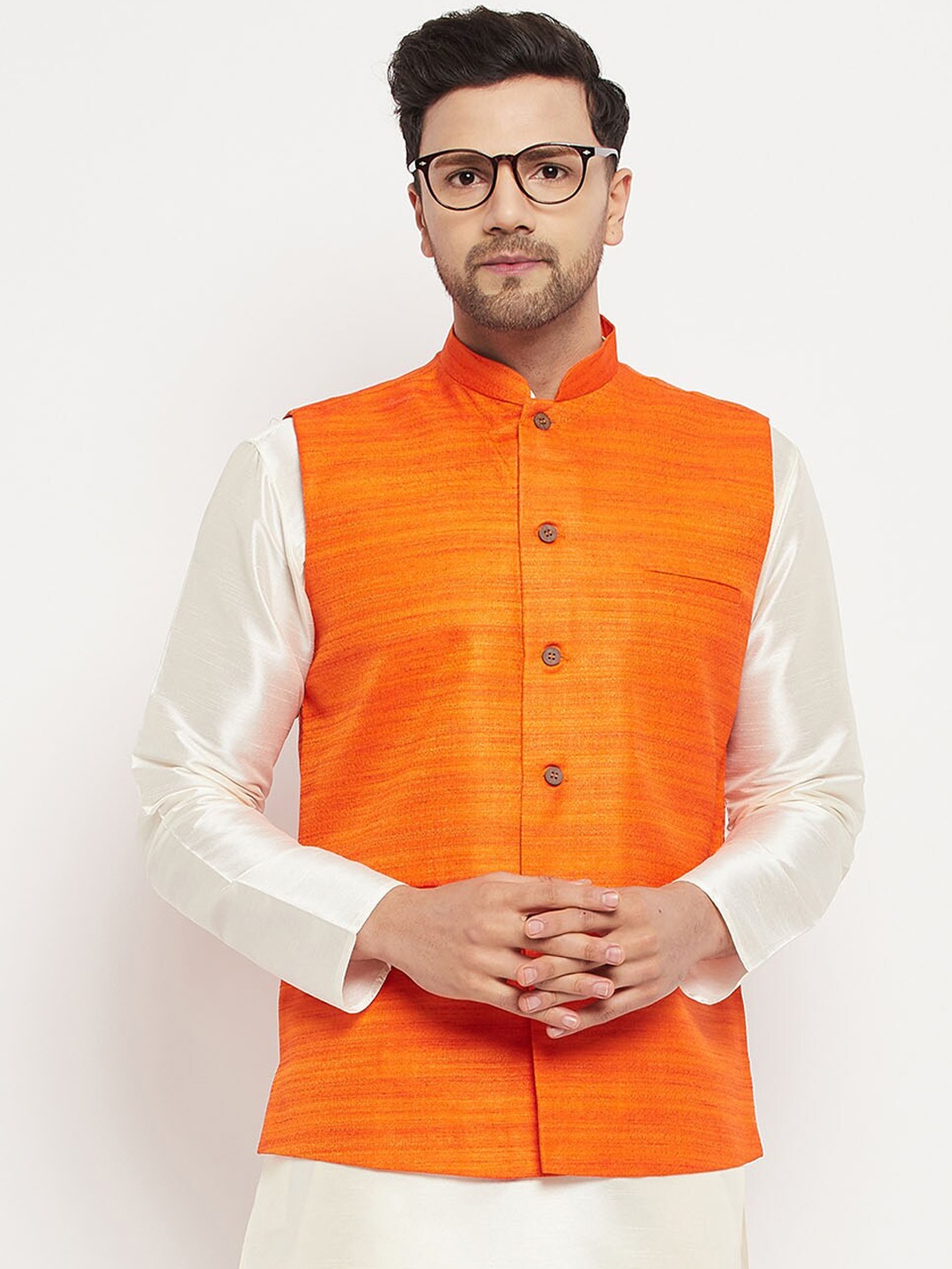 

VASTRAMAY Woven Design Mandarin Collar Sleeveless Nehru Jacket, Orange