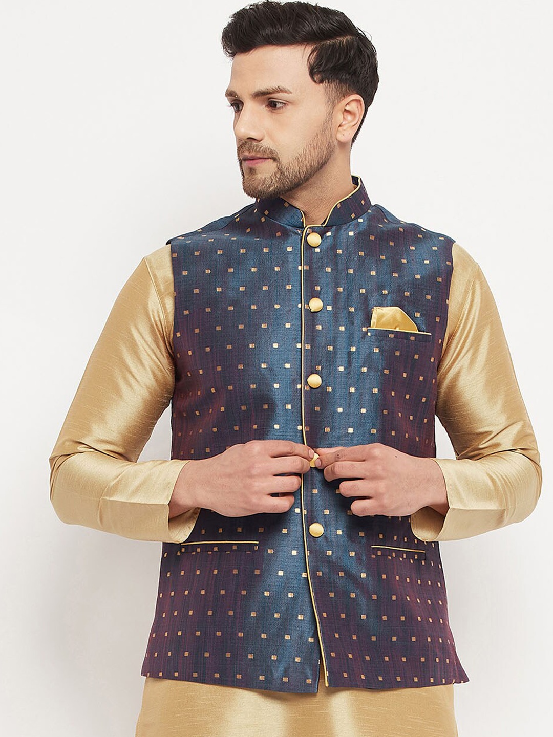 

VASTRAMAY Woven Design Nehru Jackets With Pocket Square, Blue