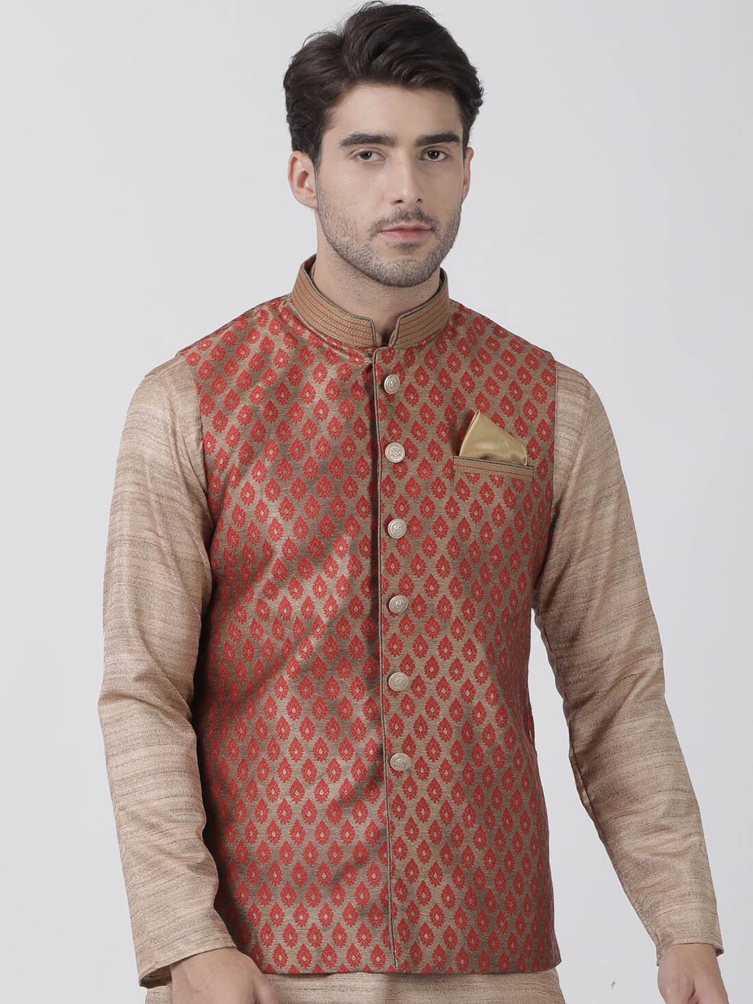 

VASTRAMAY Woven Design Nehru Jackets With Pocket Square, Maroon