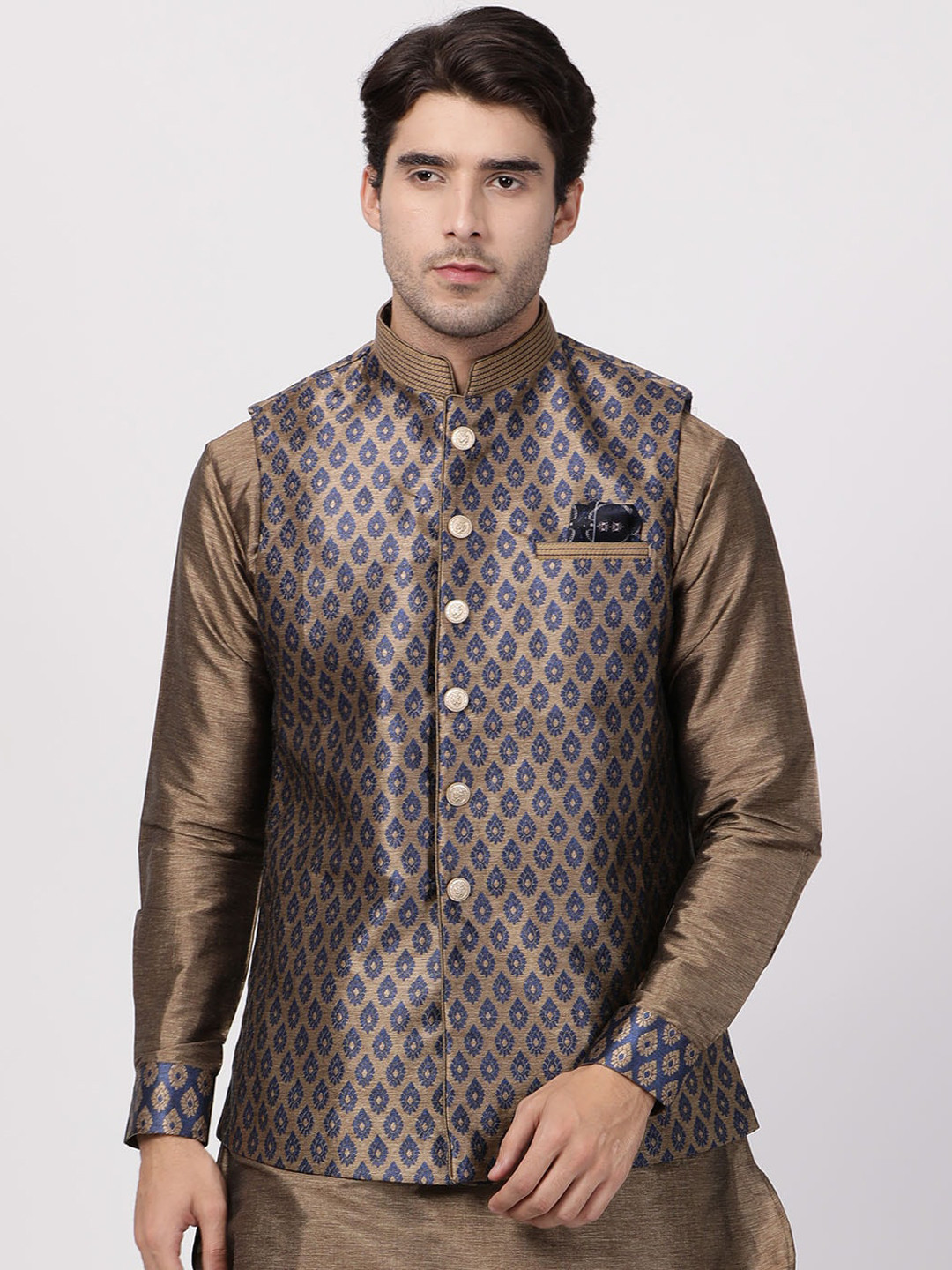 

VASTRAMAY Woven Design Nehru Jackets With Pocket Square, Blue