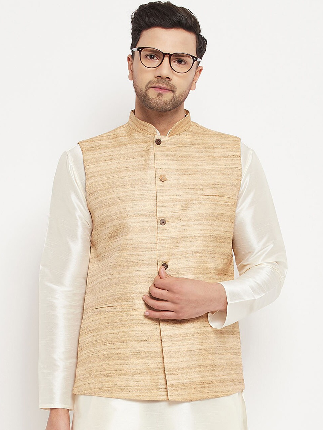 

VASTRAMAY Woven Design Mandarin Collar Sleeveless Nehru Jacket, Beige