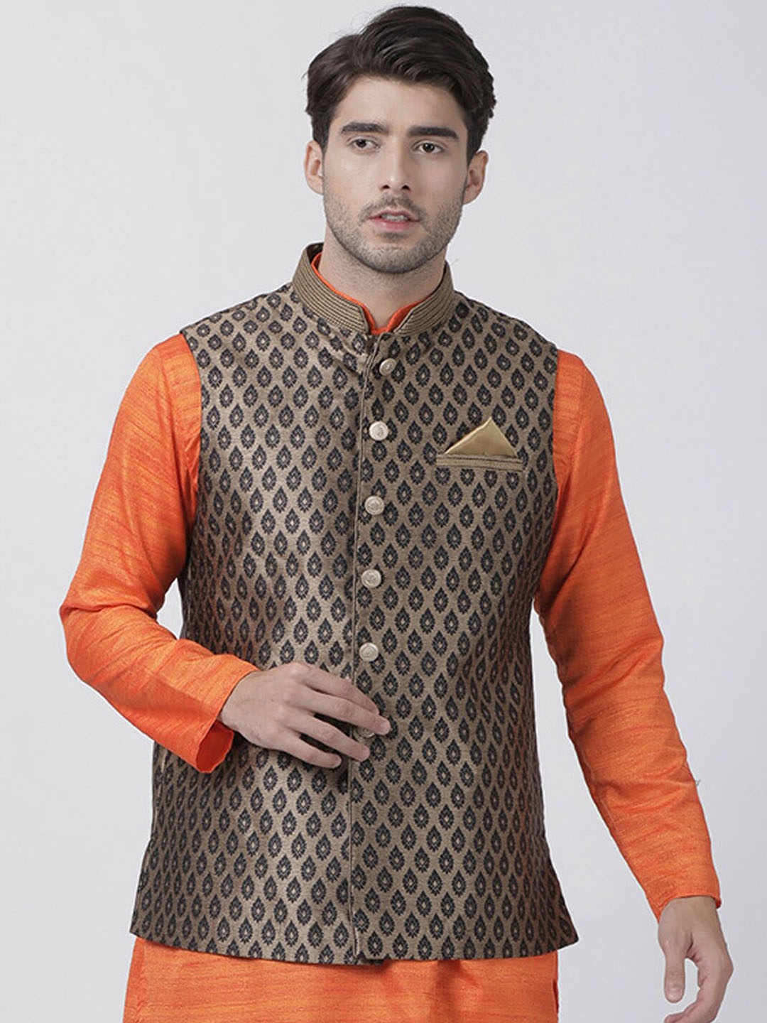 

VASTRAMAY Woven Design Nehru Jackets With Pocket Square, Black