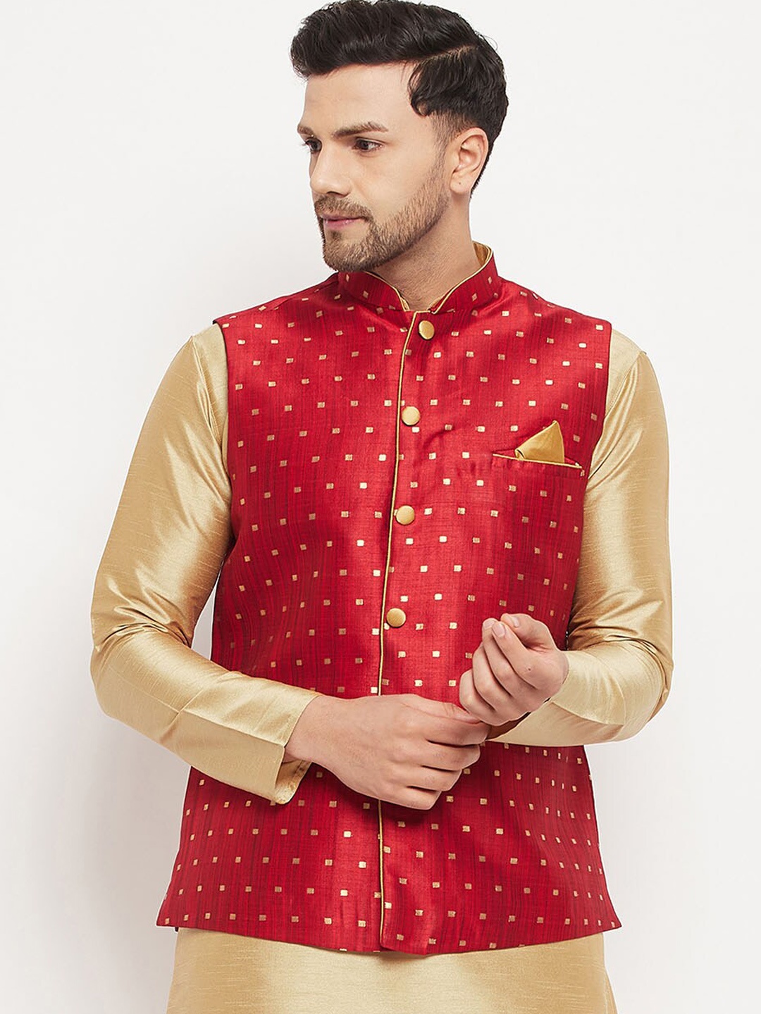 

VASTRAMAY Woven Design Nehru Jackets With Pocket Square, Maroon