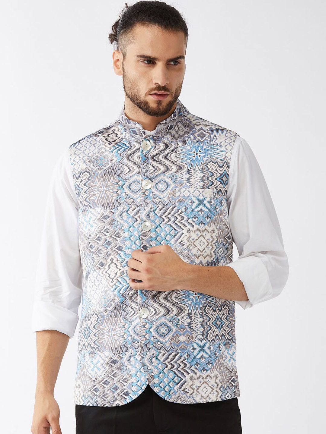 

VASTRAMAY Men Snake Printed Satin Nehru Jacket, Grey